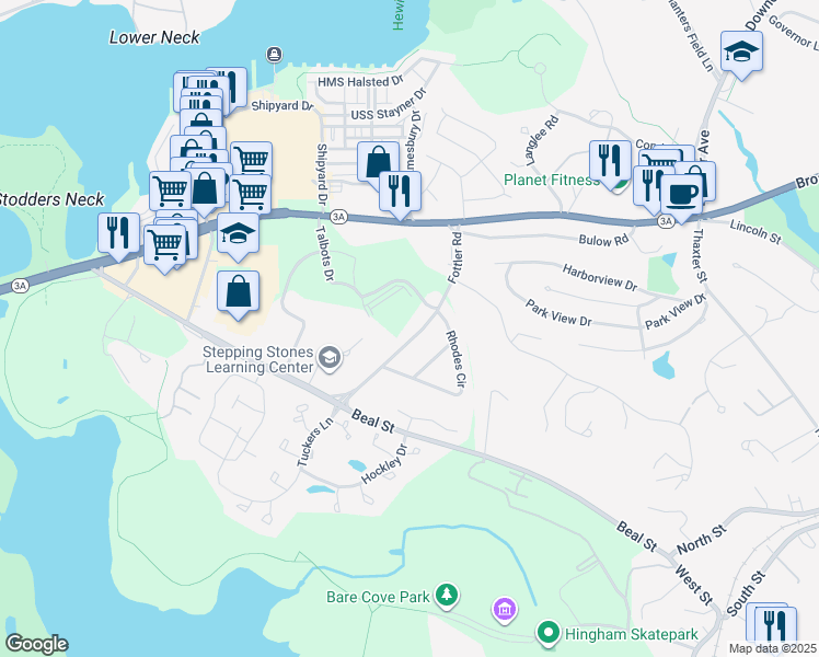 map of restaurants, bars, coffee shops, grocery stores, and more near 40 Fottler Road in Hingham