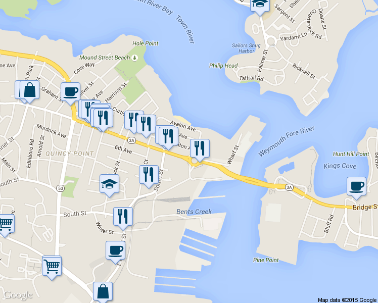 map of restaurants, bars, coffee shops, grocery stores, and more near 694 Washington Street in Quincy