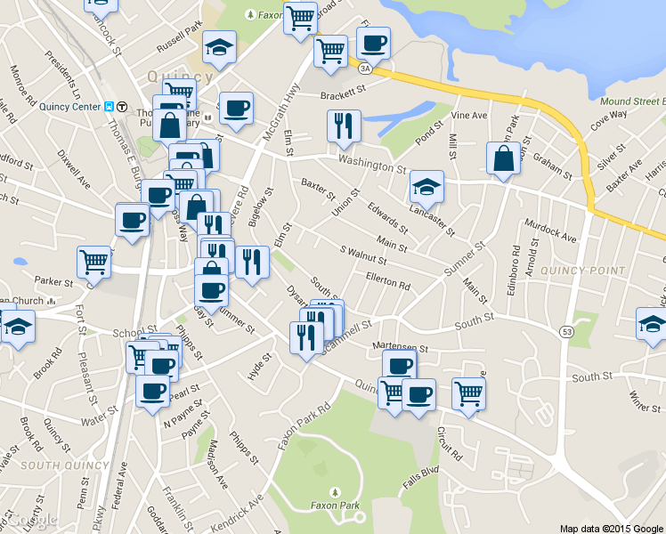 map of restaurants, bars, coffee shops, grocery stores, and more near 58 South Street in Quincy