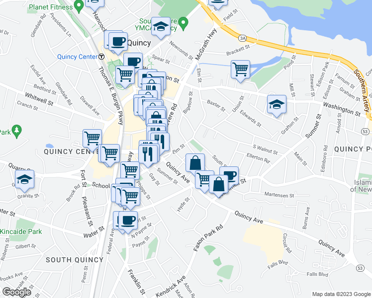 map of restaurants, bars, coffee shops, grocery stores, and more near 15 Dysart Street in Quincy