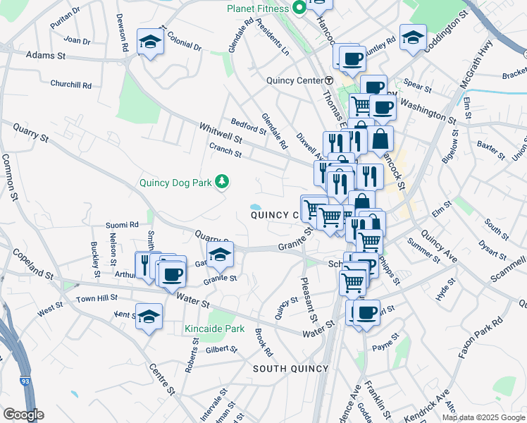 map of restaurants, bars, coffee shops, grocery stores, and more near 74 Parker Street in Quincy