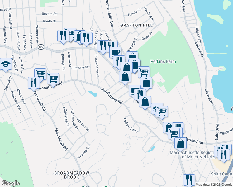 map of restaurants, bars, coffee shops, grocery stores, and more near 26 Caspar Street in Worcester