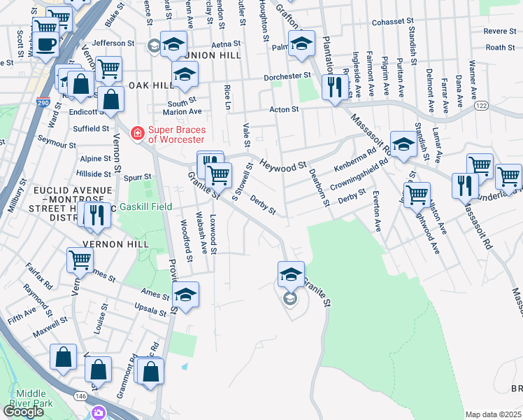map of restaurants, bars, coffee shops, grocery stores, and more near 36 Derby Street in Worcester