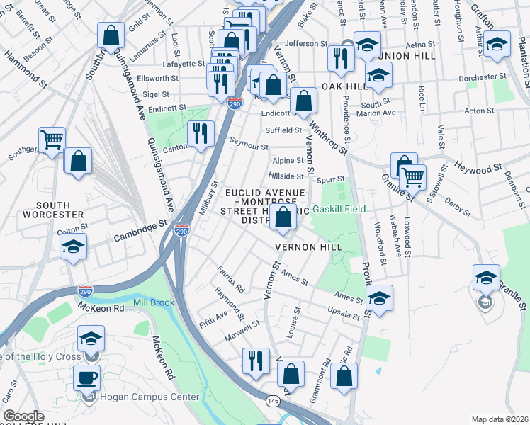map of restaurants, bars, coffee shops, grocery stores, and more near 17 Euclid Avenue in Worcester