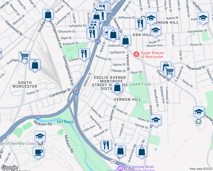 map of restaurants, bars, coffee shops, grocery stores, and more near 17 Euclid Avenue in Worcester