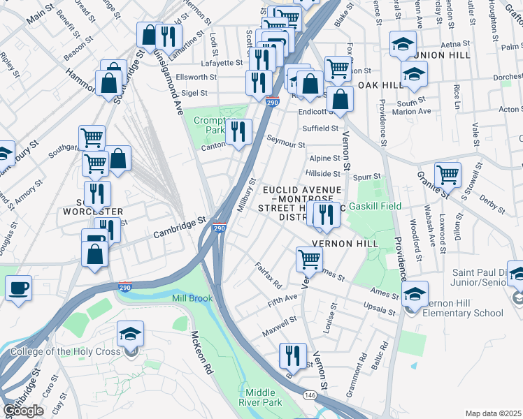 map of restaurants, bars, coffee shops, grocery stores, and more near 24 Harlem Street in Worcester