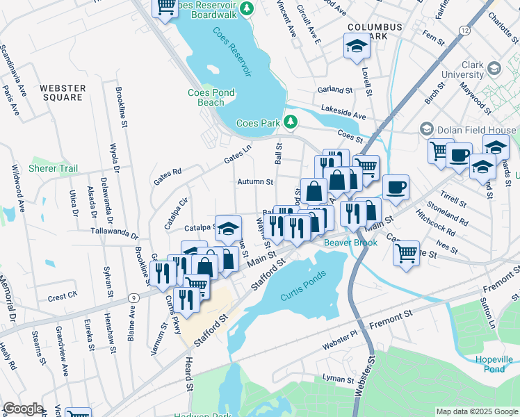 map of restaurants, bars, coffee shops, grocery stores, and more near 28 Baker Street in Worcester