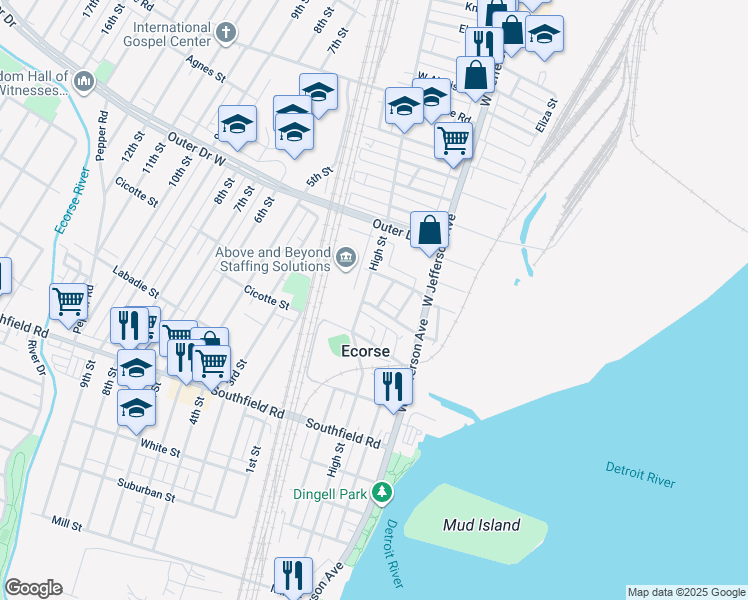 map of restaurants, bars, coffee shops, grocery stores, and more near 4277 Pitt Street in Ecorse