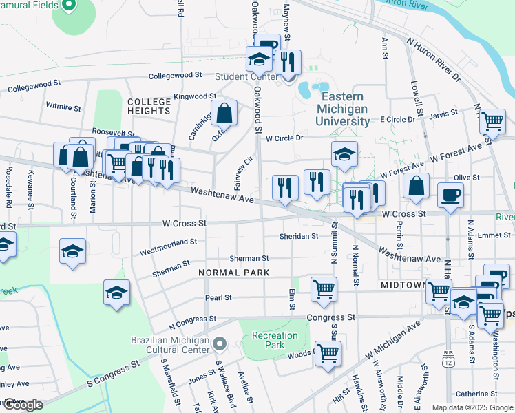 map of restaurants, bars, coffee shops, grocery stores, and more near 1001 Washtenaw Road in Ypsilanti