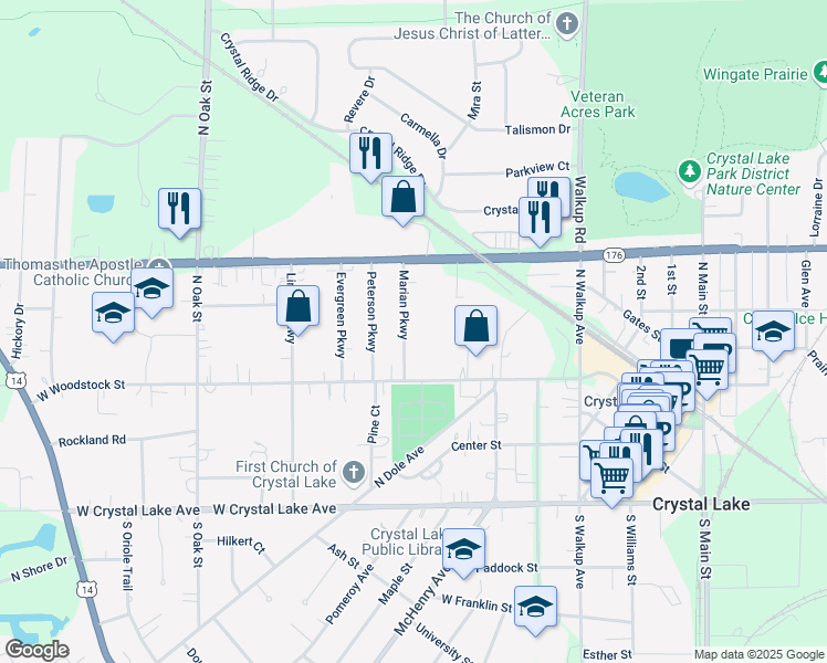 map of restaurants, bars, coffee shops, grocery stores, and more near 173 Marian Pkwy in Crystal Lake