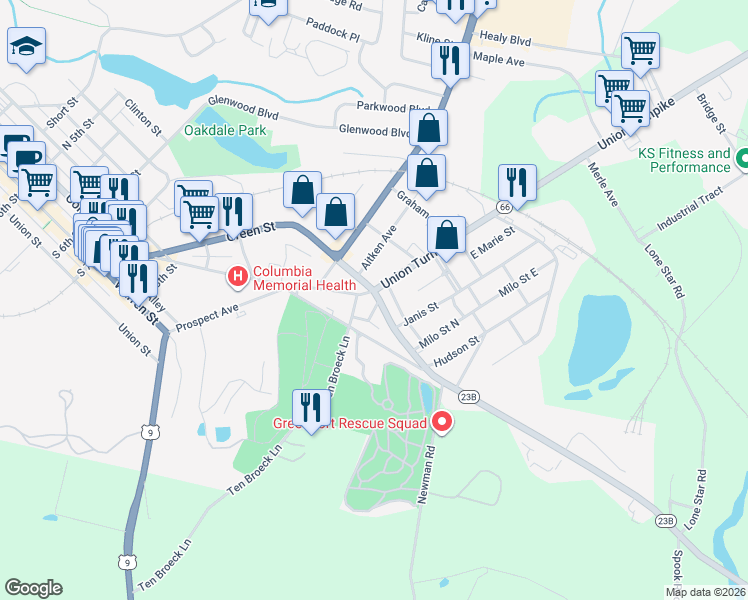 map of restaurants, bars, coffee shops, grocery stores, and more near 1 Carle Avenue in Hudson