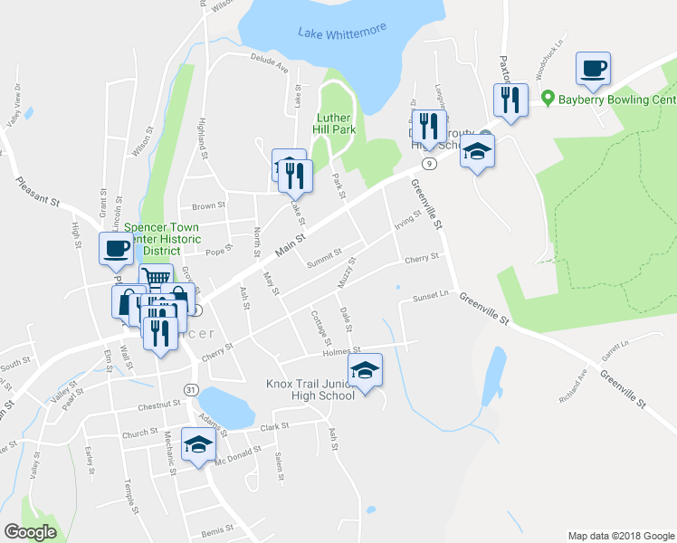 map of restaurants, bars, coffee shops, grocery stores, and more near 32 Irving Street in Spencer
