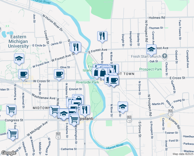 map of restaurants, bars, coffee shops, grocery stores, and more near 5 East Cross Street in Ypsilanti