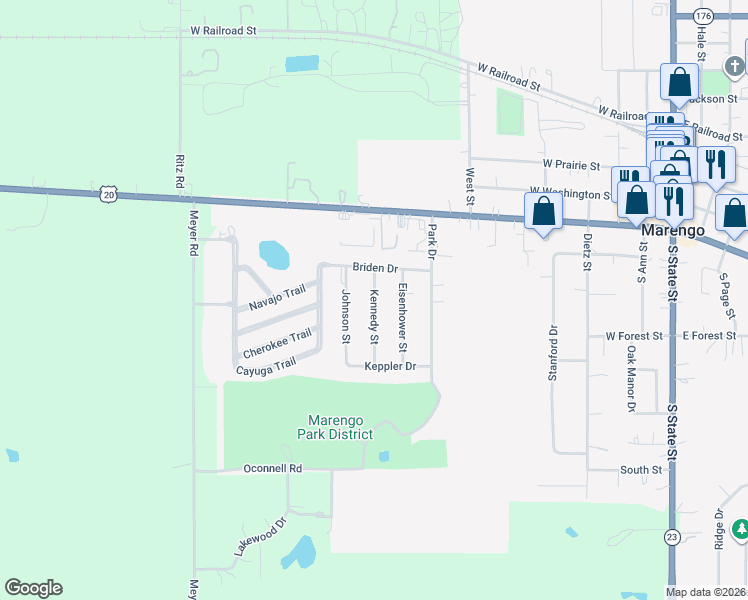 map of restaurants, bars, coffee shops, grocery stores, and more near 500 Kennedy Street in Marengo