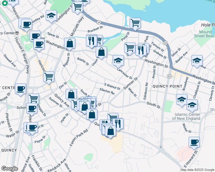 map of restaurants, bars, coffee shops, grocery stores, and more near 115 South Walnut Street in Quincy