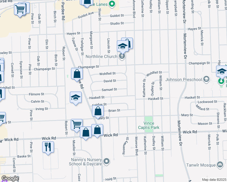 map of restaurants, bars, coffee shops, grocery stores, and more near 22239 Samuel Street in Taylor
