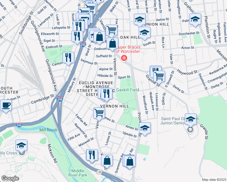 map of restaurants, bars, coffee shops, grocery stores, and more near 1 Montrose Street in Worcester