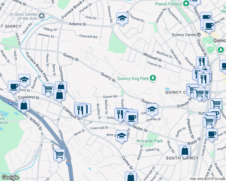 map of restaurants, bars, coffee shops, grocery stores, and more near 162 Quarry Street in Quincy