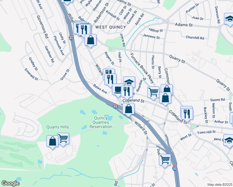 map of restaurants, bars, coffee shops, grocery stores, and more near 292 Willard Street in Quincy