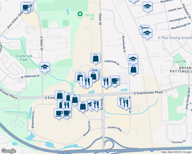 map of restaurants, bars, coffee shops, grocery stores, and more near 2800 South State Street in Ann Arbor