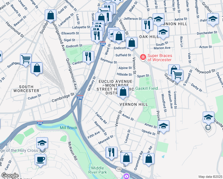 map of restaurants, bars, coffee shops, grocery stores, and more near 63 Sterling Street in Worcester