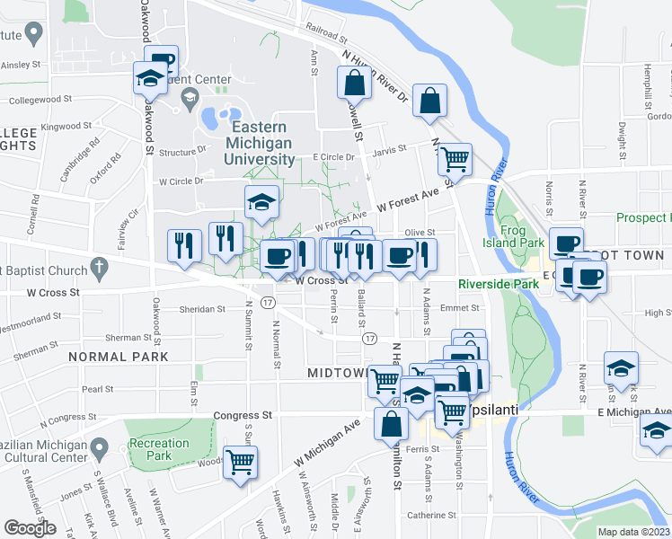 map of restaurants, bars, coffee shops, grocery stores, and more near 406 Perrin Street in Ypsilanti