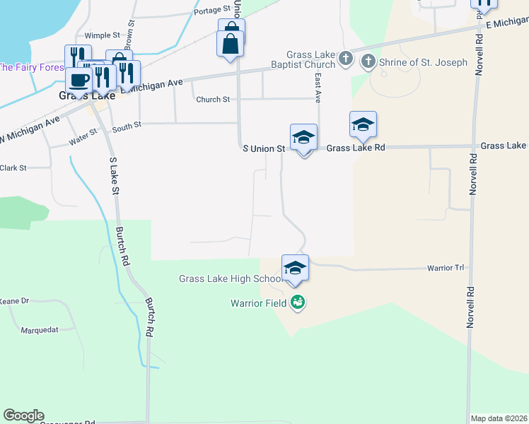 map of restaurants, bars, coffee shops, grocery stores, and more near 755 Meadows Court in Grass Lake