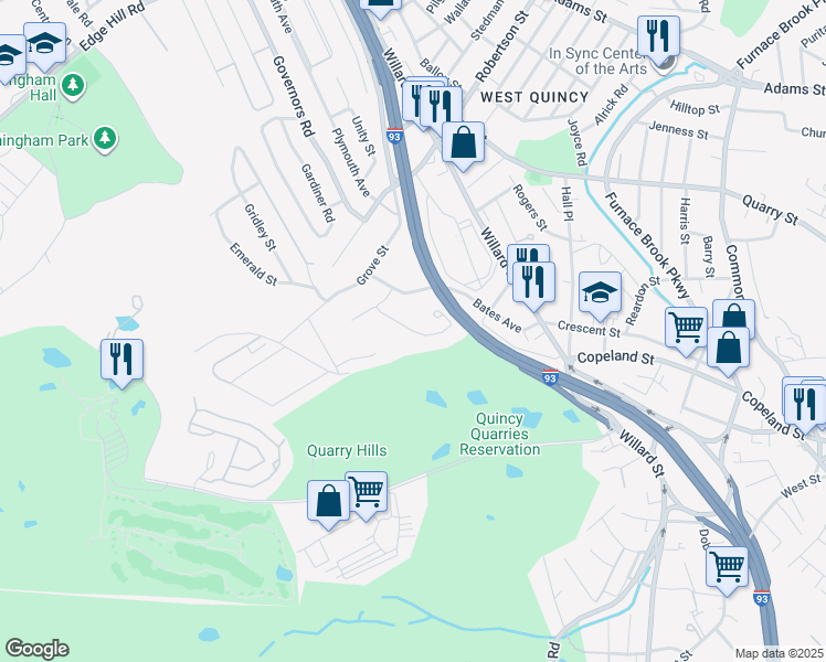 map of restaurants, bars, coffee shops, grocery stores, and more near Mullin Avenue in Quincy
