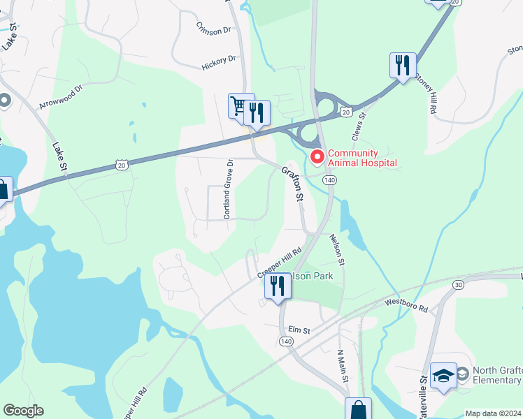 map of restaurants, bars, coffee shops, grocery stores, and more near 44 Orchard Meadow Drive in Shrewsbury