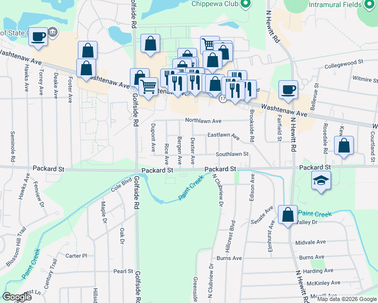 map of restaurants, bars, coffee shops, grocery stores, and more near 2810 Southlawn St in Ypsilanti Township