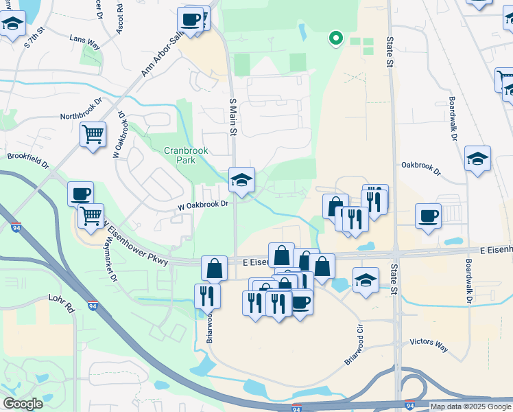 map of restaurants, bars, coffee shops, grocery stores, and more near 100 Oakbrook Drive in Ann Arbor
