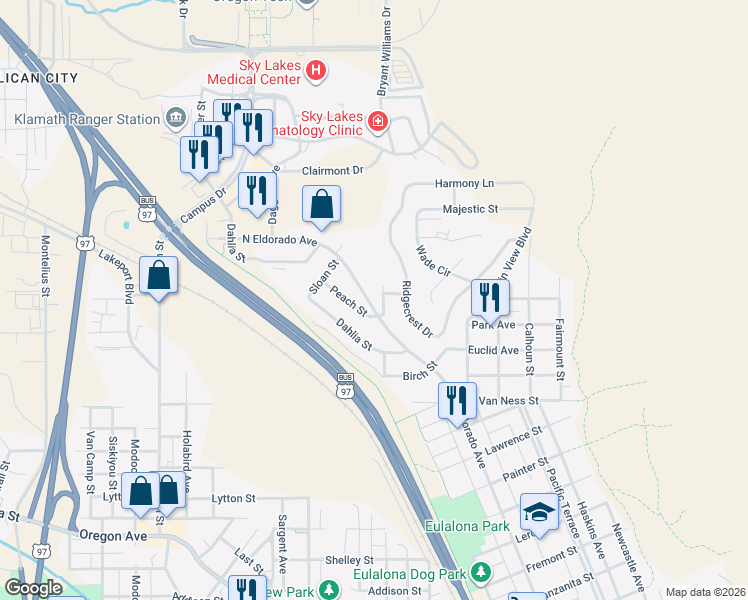 map of restaurants, bars, coffee shops, grocery stores, and more near 1999 North Eldorado Avenue in Klamath Falls