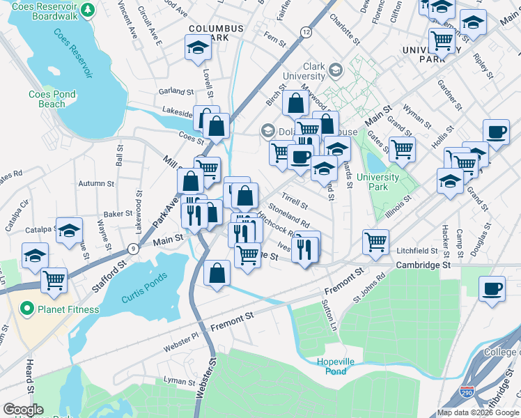 map of restaurants, bars, coffee shops, grocery stores, and more near 3 Hitchcock Road in Worcester
