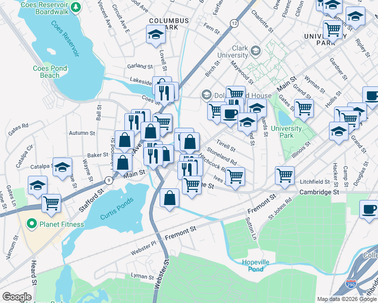 map of restaurants, bars, coffee shops, grocery stores, and more near 1048 Main Street in Worcester