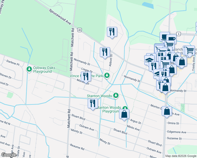 map of restaurants, bars, coffee shops, grocery stores, and more near 1498 Monck Avenue in Windsor