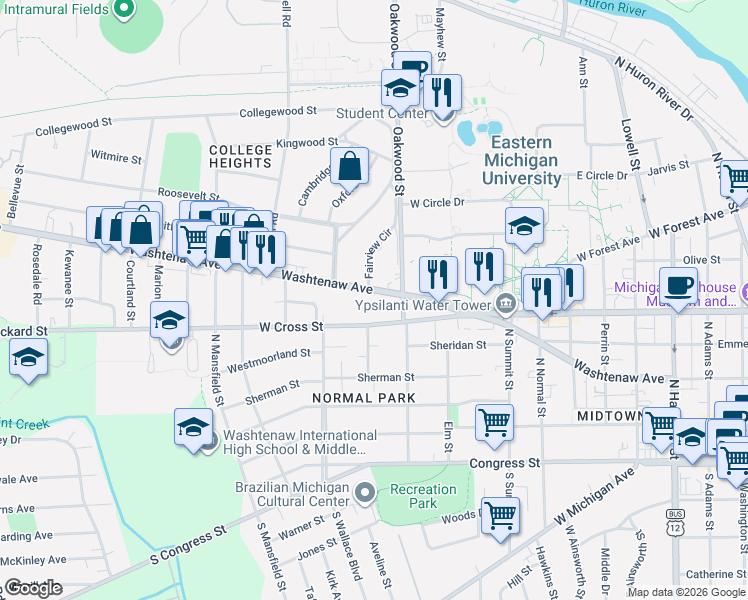 map of restaurants, bars, coffee shops, grocery stores, and more near 1029 Washtenaw Avenue in Ypsilanti