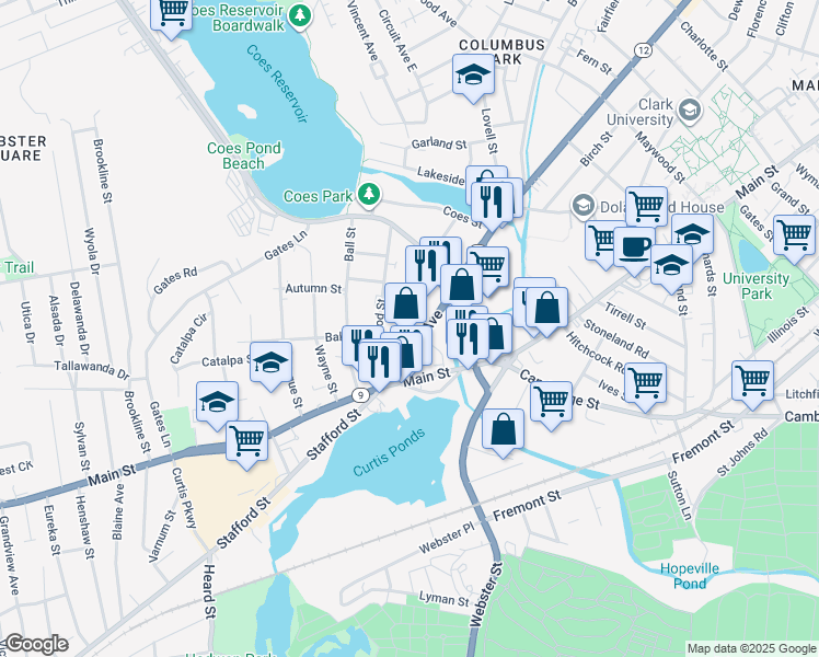 map of restaurants, bars, coffee shops, grocery stores, and more near 648 Park Avenue in Worcester