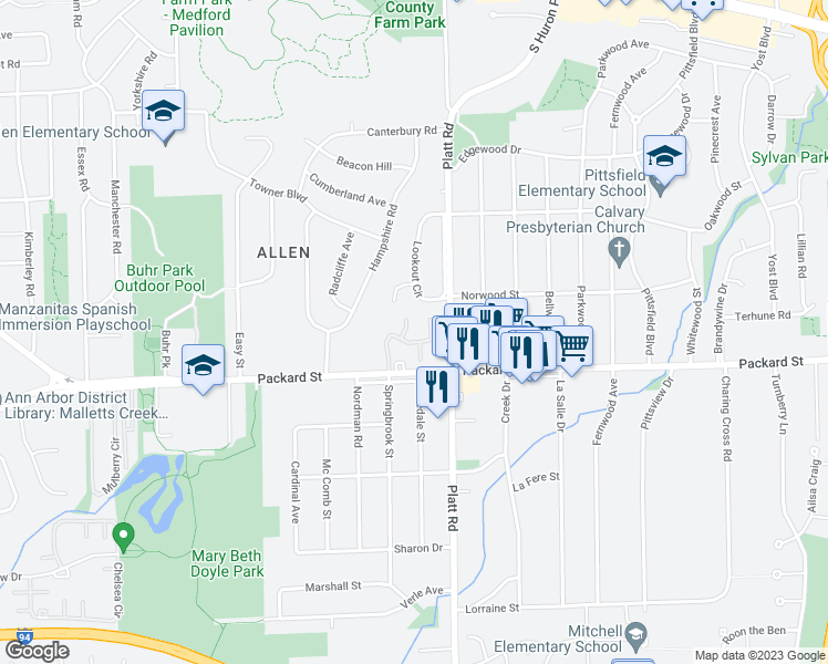 map of restaurants, bars, coffee shops, grocery stores, and more near 2949 Cascade Drive in Ann Arbor