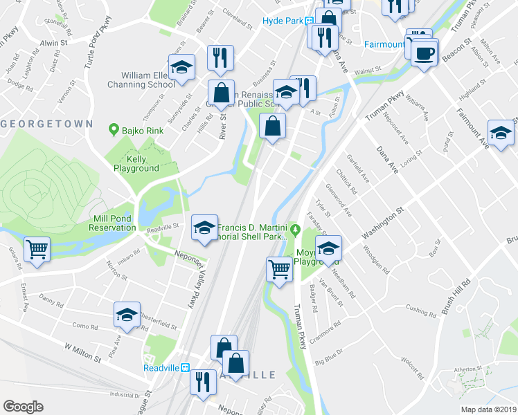 map of restaurants, bars, coffee shops, grocery stores, and more near 1544 Hyde Park Avenue in Boston