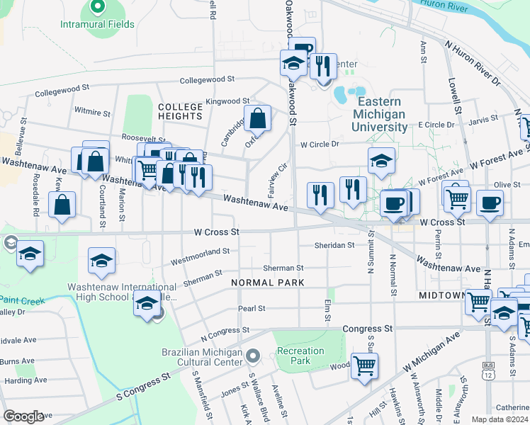 map of restaurants, bars, coffee shops, grocery stores, and more near 1029 Washtenaw Avenue in Ypsilanti