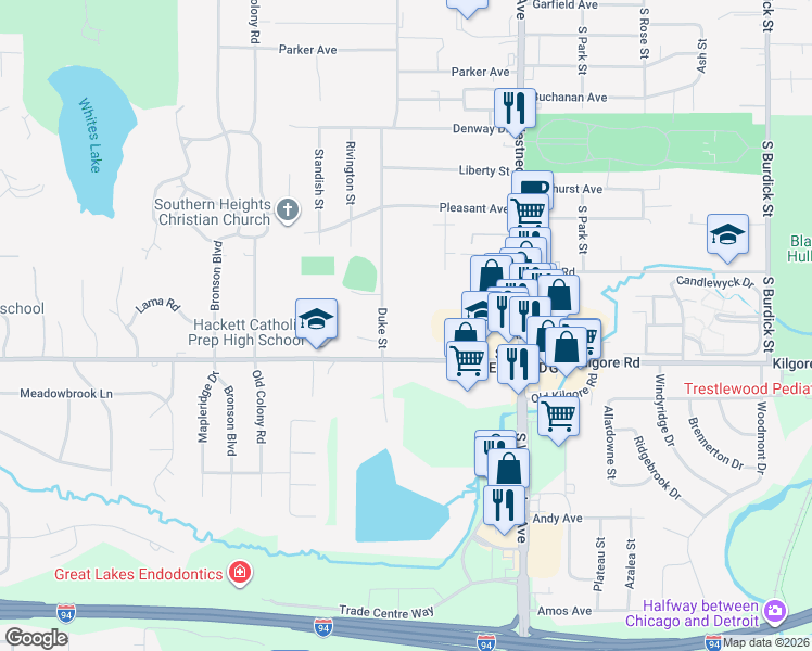 map of restaurants, bars, coffee shops, grocery stores, and more near 4415 Duke Street in Kalamazoo