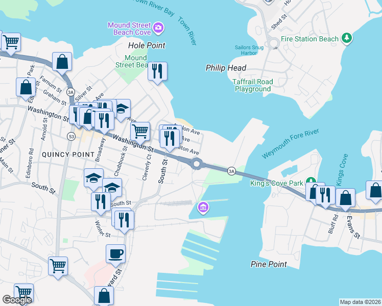 map of restaurants, bars, coffee shops, grocery stores, and more near 79 Whiton Avenue in Quincy