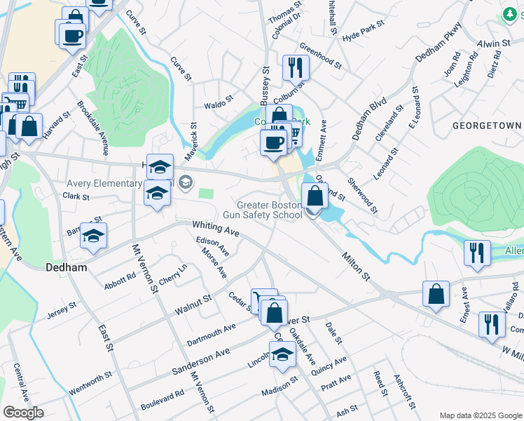 map of restaurants, bars, coffee shops, grocery stores, and more near 70 Macomber Terrace in Dedham