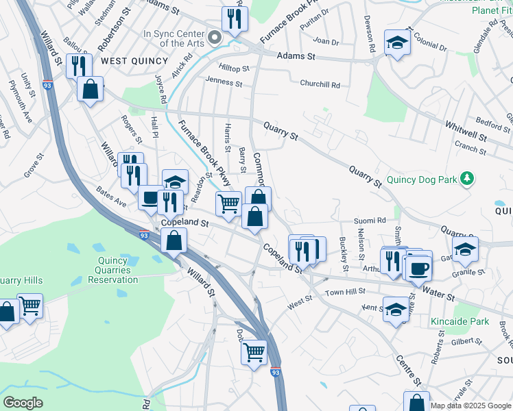 map of restaurants, bars, coffee shops, grocery stores, and more near 38 Cross Street in Quincy