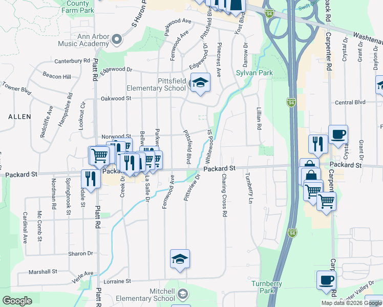 map of restaurants, bars, coffee shops, grocery stores, and more near 2832 Pittsfield Boulevard in Ann Arbor