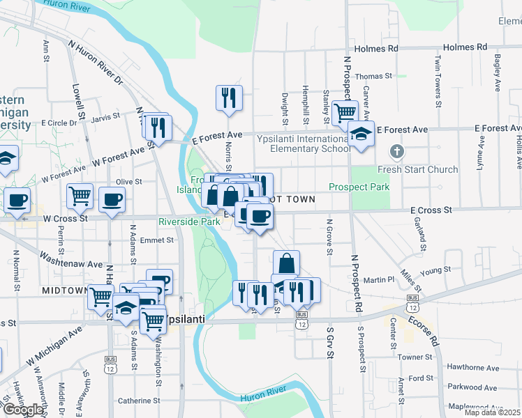 map of restaurants, bars, coffee shops, grocery stores, and more near 400 North River Street in Ypsilanti