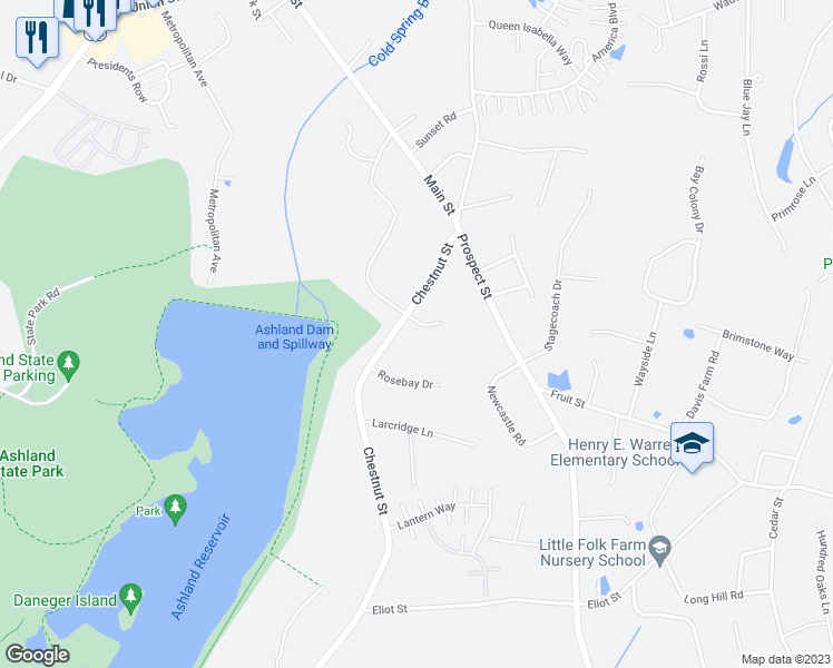 map of restaurants, bars, coffee shops, grocery stores, and more near 368 Chestnut Street in Ashland