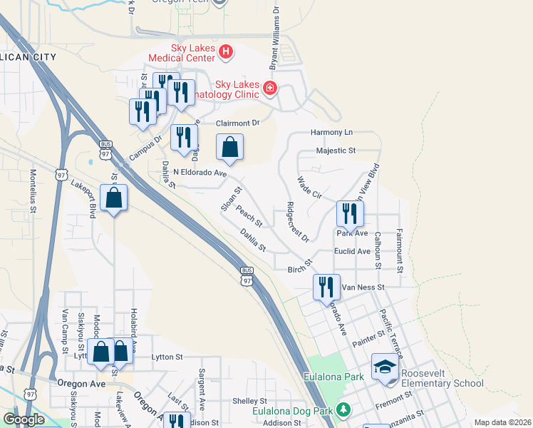 map of restaurants, bars, coffee shops, grocery stores, and more near 1999 North Eldorado Avenue in Klamath Falls