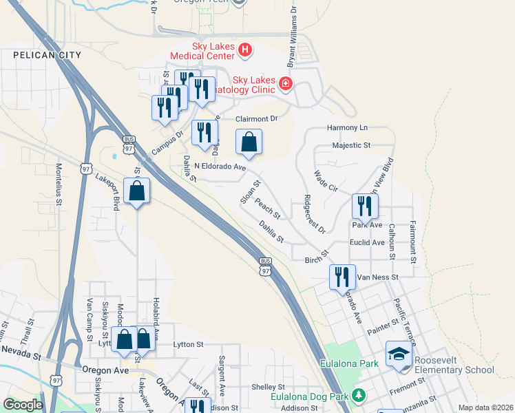 map of restaurants, bars, coffee shops, grocery stores, and more near 176 Peach Street in Klamath Falls