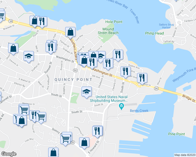 map of restaurants, bars, coffee shops, grocery stores, and more near 115 Chubbuck Street in Quincy
